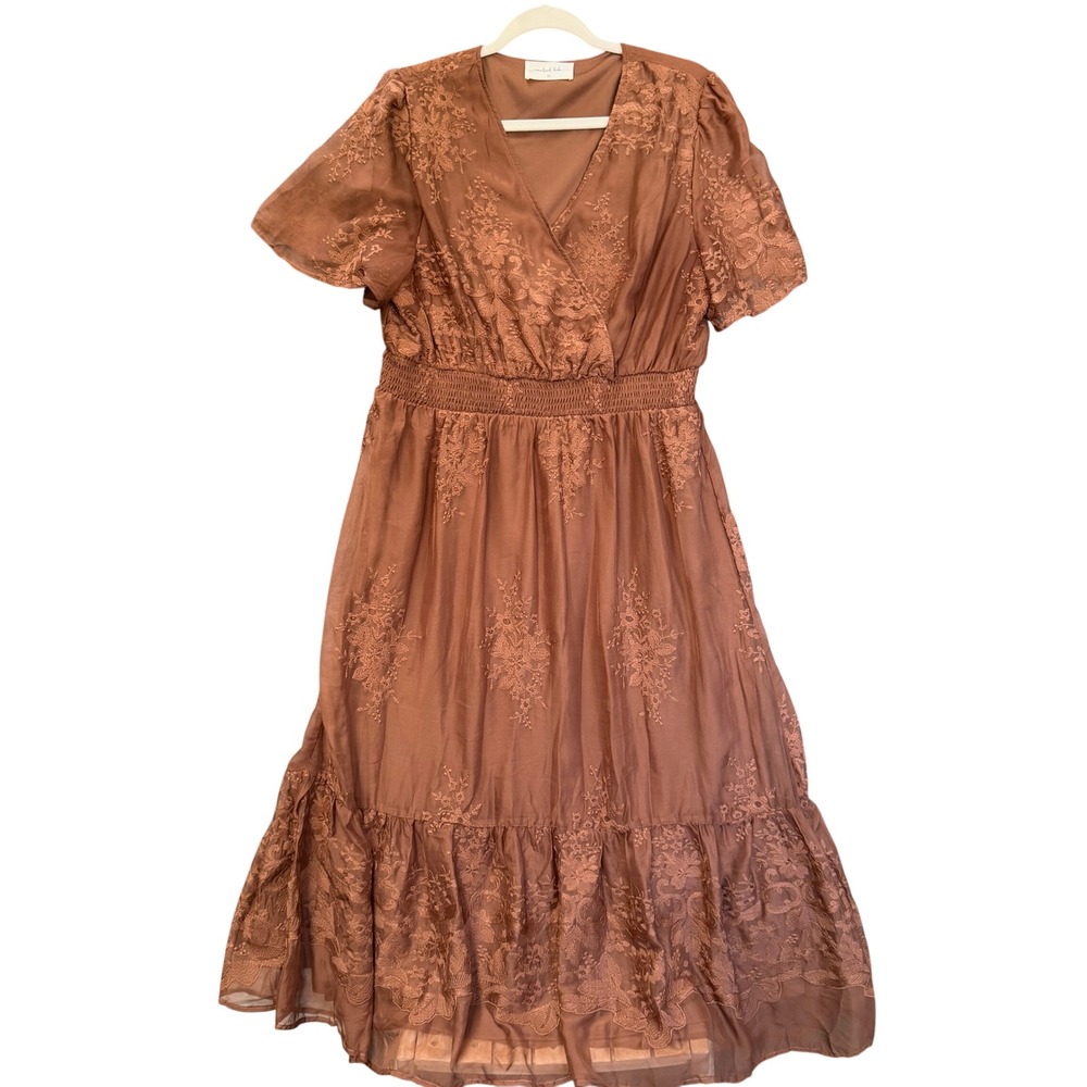One Loved Babe Dress Womens XL Rust Brown Floral Smocked Midi ID488671
